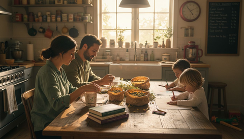 Parents preparing herbal tea with children nearby