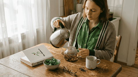 Woman preparing herbal tea in bright kitchen