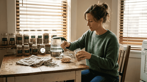 Woman preparing herbal tea at kitchen table