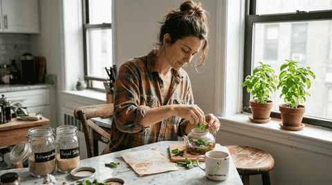Woman prepares herbal tea in bright kitchen