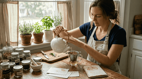 Woman preparing herbal tea in a cozy kitchen