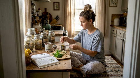 Woman preparing herbal tea in sunlit kitchen