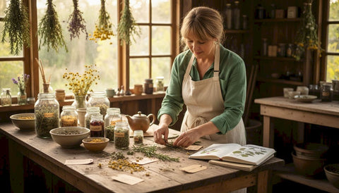 Herbalist arranging dried plants in sunlit shed