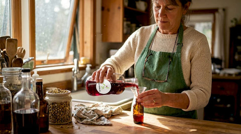 Woman making herbal elixir in sunny kitchen