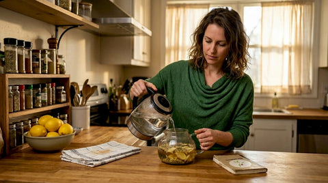 Woman preparing herbal tea in kitchen