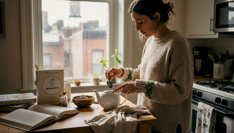 Woman preparing herbal tea at kitchen table