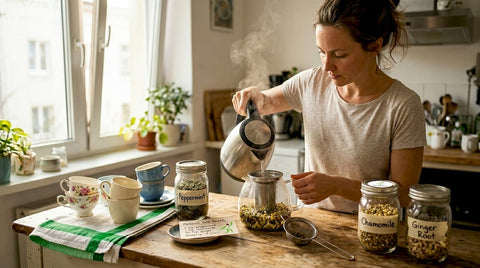 Woman preparing herbal tea in kitchen