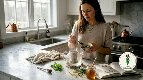 Woman preparing herbal tea in kitchen