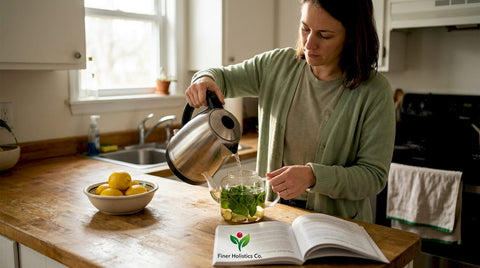 Woman making fresh mint ginger tea in kitchen