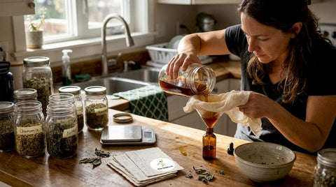 Herbal tincture being strained into bottle