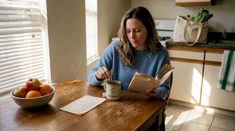 Woman enjoys herbal tea in morning kitchen