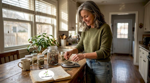 Woman preparing herbal tea blend at kitchen island