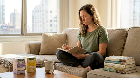 Woman journaling in bright living room