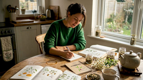 Woman studying medicinal herbs at kitchen table