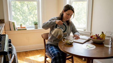 Woman brewing herbal tea at kitchen table