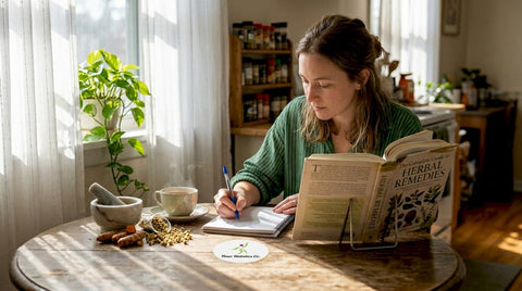 Woman researching herbal remedies at kitchen table