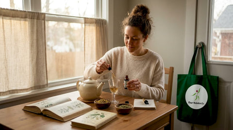 Woman making herbal tea and tincture