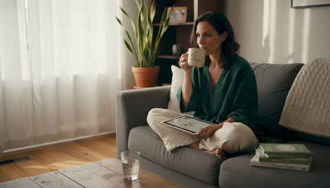 Woman practicing holistic wellness in bright living room
