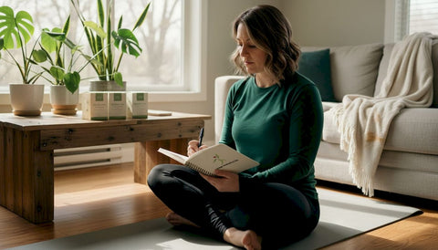 Woman journaling on yoga mat in bright living room