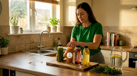Woman compares four detox waters on home kitchen island