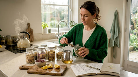 Woman making herbal tea with labeled jars