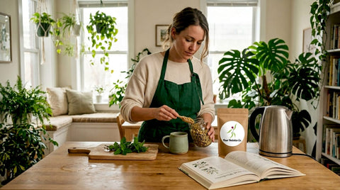 Woman preparing herbal tea in bright kitchen