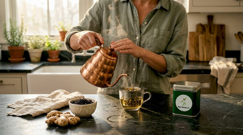 Making herbal tea in sunlit kitchen