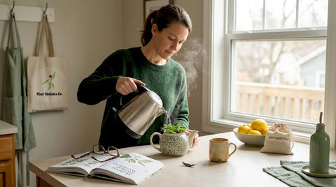 Woman preparing herbal tea in sunny kitchen