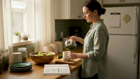 Woman preparing salad and tea in kitchen