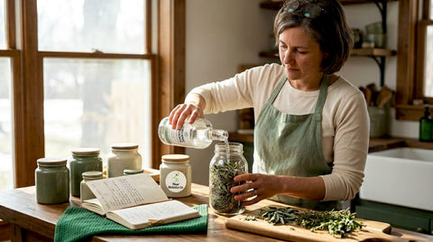 Woman pouring alcohol into herbal tincture jar