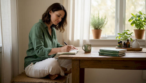 Woman journaling natural self-care intentions
