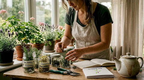 Herbalist crafting remedies at kitchen table