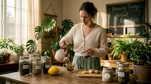 Woman preparing herbal tea in sunlit kitchen