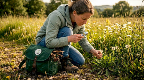 Woman foraging wild herbs at forest edge