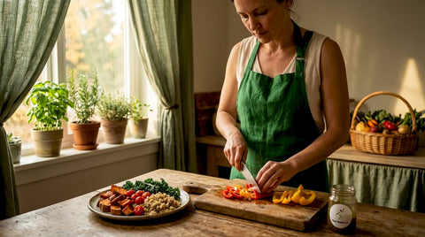 Preparing plant-focused meal in home kitchen