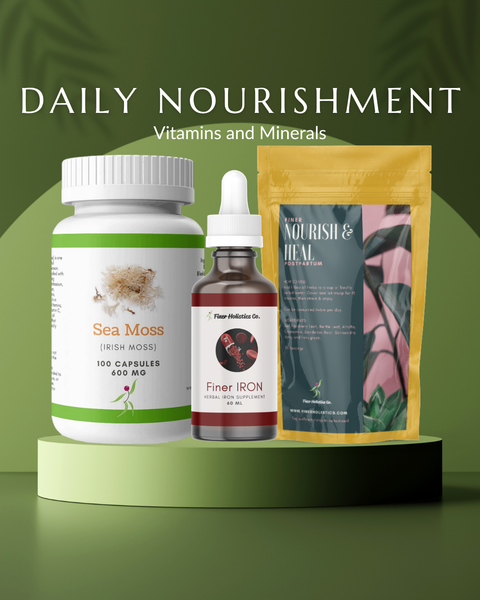 herbal vitamin and mineral supplements and teas on a green background 