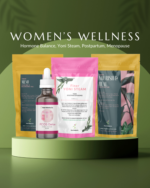 Herbal blends for women's wellness on a green backdrop
