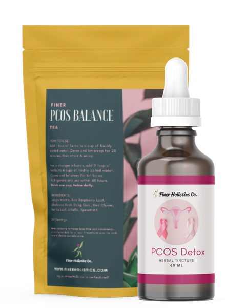 PCOS Balance tea package and PCOS Detox tincture bottle on a white background